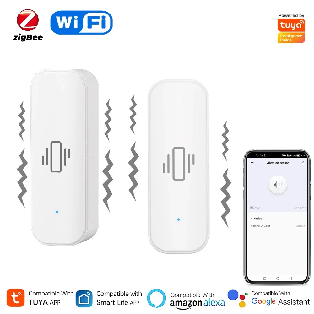 Home Security With Alarm - Sensor de vibración inteligente Tuya WiFi/Zigbee,